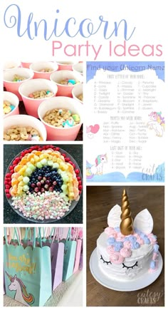 unicorn themed party ideas including cake, candy and cupcakes