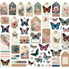 a bunch of tags with butterflies and flowers on the top one is pink, blue and white