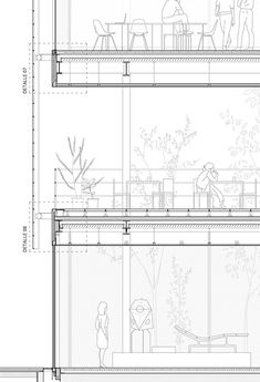 an architectural drawing shows the interior and exterior of a building with people sitting at tables