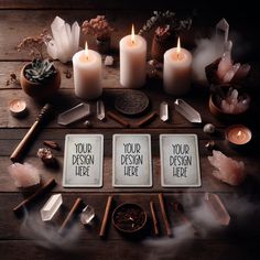 three cards with the words your design here on them surrounded by candles and other items