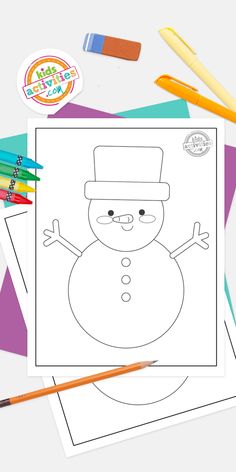 a snowman coloring page with crayons, markers and pencils next to it