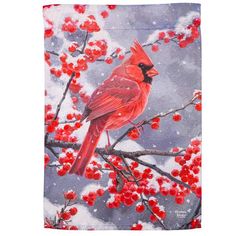 a painting of a cardinal perched on a tree branch with red berries in the snow