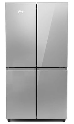 two silver refrigerators side by side on a white background