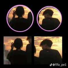 three pictures of two people in front of a sunset and one is talking on the phone