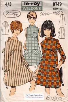 ~ Circa:  1960s ✦ Details:   Three style variation DRESS  ✦ Size/Measurements(Inches):     ~ Size:  ~    ~ Bust: 36″     ~ Waist:  28″    ~ Hip:  38″  (Illustration on pattern packet by Barbara Hulanicki, who worked as a fashion illustrator for Le Roy pattern Company, after studying at Brighton art college in the late 1950s, prior to opening her Famous Biba Fashion Empire in London during the 1960s    ~ Please Note: ~ You are buying a 'Professional Reproduced' copy of this sewing pattern. Copied from the original sewing pattern. Produced in Full Scale Pattern Pieces ready to cut with full instructions included. Reproduced on high quality 50 gm paper with black ink, durable and easier for reuse. Printed by a Professional Printing Company.   ~ With this product comes an accompanying 'Booklet 1961 Womens Fashion, 1960s Fashion Black Women Vintage, Vintage Sewing Patterns 1960s, 1960 Vintage Fashion, 1960’s Sewing Patterns, 60s Mod Dress Pattern, 1960s Fashion Trends, 1960 Fashion Illustration, 1950s Clothing Patterns