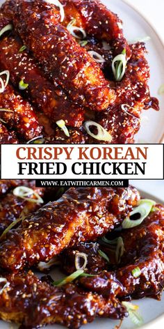 crispy korean fried chicken on a white plate with text overlay that reads crispy korean fried chicken