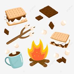 an illustration of marshmallows, hot chocolate and marshmallows over a campfire