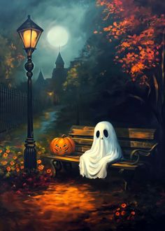 a painting of a ghost sitting on a park bench next to a lamp post and pumpkins