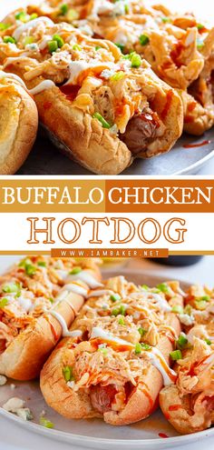 the buffalo chicken hotdogs are loaded with shredded cheese and green onions on top