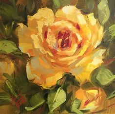 an oil painting of a yellow rose with green leaves