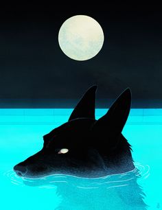 a painting of a dog in the water at night with a full moon behind it