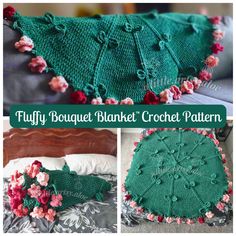 a green blanket with flowers on it and the words, fluffy bouquet blanket crochet pattern