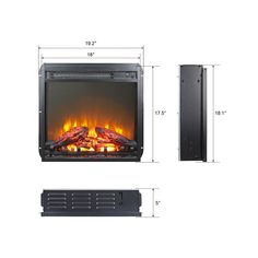 an electric fireplace with measurements for the front and back sides, including the heater