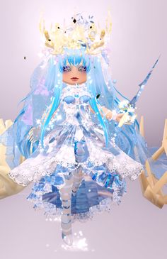 an animated image of a woman dressed in blue and white with snowflakes on her head