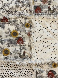 two quilts with farm animals and sunflowers on them are laying next to each other