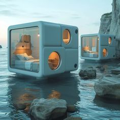 two cube shaped beds floating in the water near rocks and cliffs with lights on them