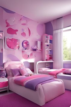 a bedroom decorated in pink and purple colors