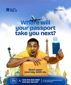 a man holding up a passport in front of the eiffel tower and sky