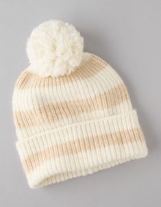 AE Knit Striped Beanie Striped Beanie, Sox Hat, Winter Hats Beanie, Cold Weather Accessories, American Eagle Outfitters, Women's Jeans, American Eagle, Winter Hats, Pom Pom