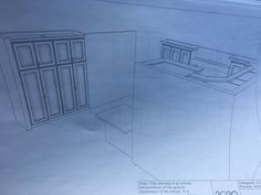 an architectural drawing of a desk and cabinets