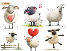 the sheep are all different colors and have hearts on their backs as they stand next to each other