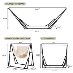 the hammock chair with stand is shown in three different sizes and measurementss