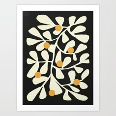 a black and white art print with orange dots on it's leaves, in the center