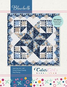 the blue and white quilt pattern is featured