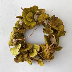 a wreath made out of moss and leaves on a white surface with no one around it