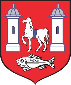 an emblem with a horse and a fish in front of two towers on top of a red shield