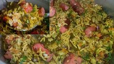 there are two pictures of rice with sausage and vegetables