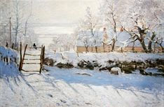 a painting of a snowy landscape with a fence and trees in the foreground, snow on the ground