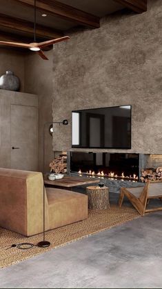 a living room with couches and a fireplace