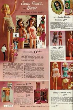 an advertisement for barbie dolls from the 1950's with pictures of dresses and accessories