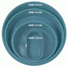 three blue plastic bowls are stacked on top of each other, with the words arm 1011