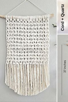 the crocheted wall hanging is made with yarn and wooden pegs, along with two