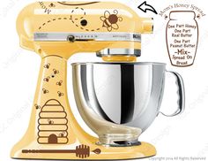 an image of a yellow kitchen mixer with instructions on how to use the attachments