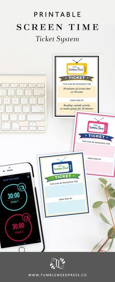 the screen time ticket system is displayed next to a computer keyboard and phone on a desk
