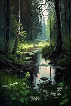 a painting of a stream in the middle of a forest with lots of trees and flowers