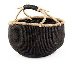 a black and brown basket with handles