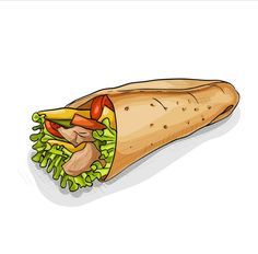 a burrito filled with lettuce and sauces on a white background illustration