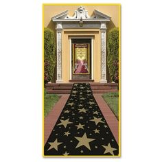 a black and gold carpet with stars on it in front of an entrance to a building