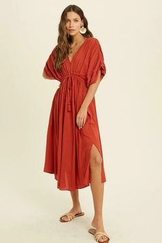 Find the Truly Perfect Brick Red Midi Dress at BohoPink.com! Cute red midi dress with dolman sleeves and cinched waist. Express shipping is available! Brick Red Outfit, Red Color Outfits, Dolman Sleeve Dress, Red Midi, Brick Colors, Pink Boho, Red Midi Dress, Red Outfit, Autumn Outfit