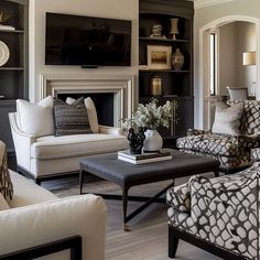 a living room filled with furniture and a flat screen tv mounted on the wall over a fireplace