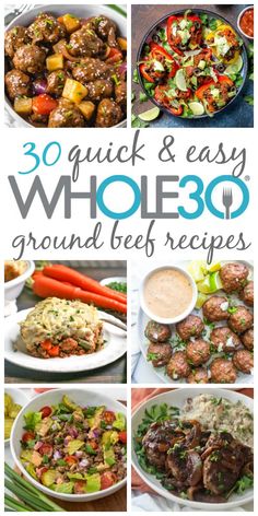 the cover of 30 quick and easy whole - grain beef recipes with pictures of different meats