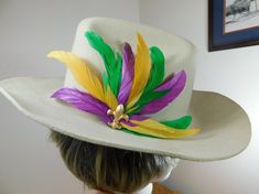 Adjustable High Crown Hat For Mardi Gras, Bohemian Mardi Gras Party Hat, Mardi Gras Party Costume Hat, Purple Mardi Gras Party Costume Hat, Fluer De Lis, Purple Feather