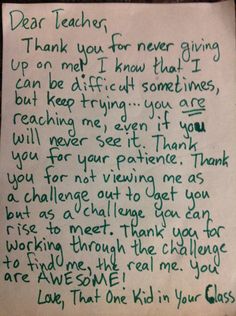 a handwritten note from a teacher