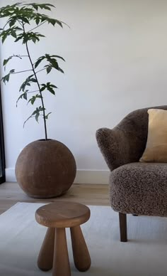 a living room with a chair, footstool and potted plant