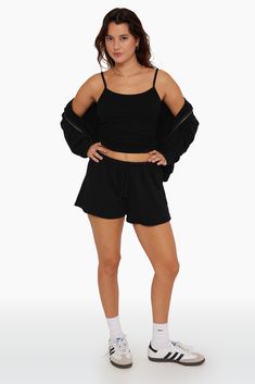 Stay comfortable and stylish in our Onyx Mini Sweat Shorts. With a drawcord at the waistline and the SET logo on the left side fold-over tab, these relaxed shorts are made from our lightweight sweats fabric, perfect for casual outings. Sweat Shorts, Onyx, ? Logo, Fabric