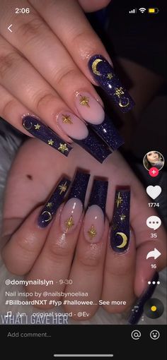 Heat Up Your Look with These May Nail Designs Celestial Nails Coffin, Dark Blue Nails With Moon And Stars, Black And Gold Celestial Nails, Under The Stars Nail Design, Under The Stars Nails Acrylic, Moon Acrylic Nail Designs, Black Sagittarius Nails, Starry Night Acrylic Nails, Black Nails For Quinceanera